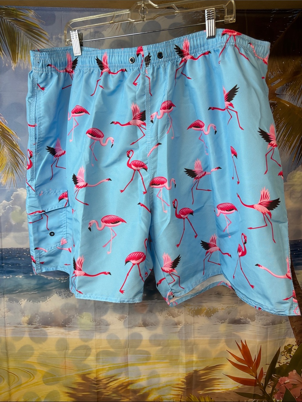 Amazon Essentials Light Blue Swim Shorts with Pink Flamingo Print